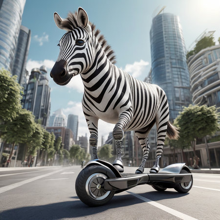 Zebra riding on a self-balancing electric scooter in the cityの素材