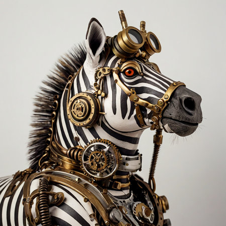 Portrait of a steampunk zebra on a white background.の素材