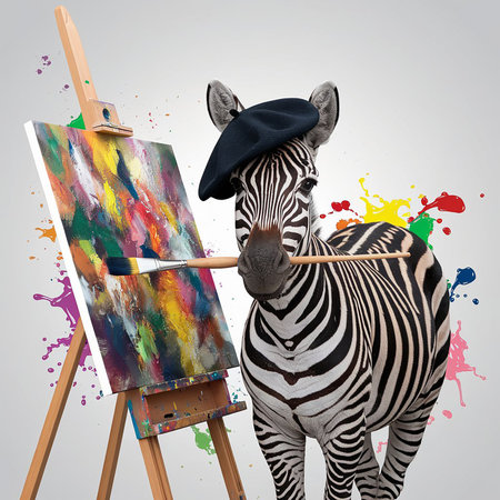 Zebra artist with paintbrush and easel on white background.の素材