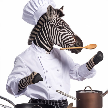 Zebra chef with spoon and pot isolated on a white background.の素材