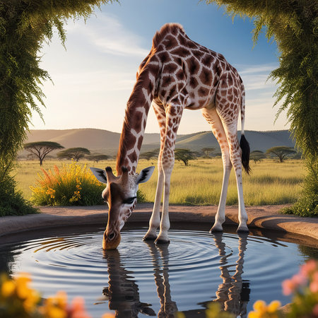Giraffe drinking water from a pool in the African savannaの素材