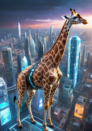 Giraffe on the background of the city. 3d renderingの素材