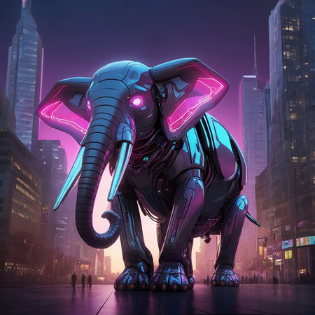 Digital Illustration of an Elephant in a Futuristic City at Nightの素材