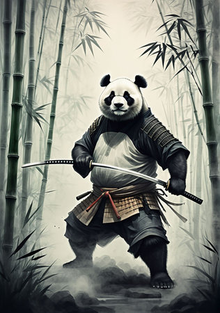 Illustration of a giant panda warrior in a bamboo forest.の素材