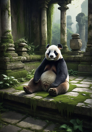 Panda sitting on the ground in front of an ancient temple.の素材