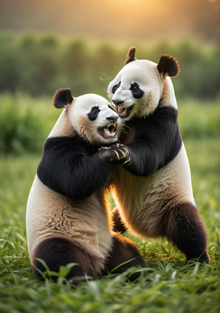 Two giant panda bear playing with each other on the green grassの素材