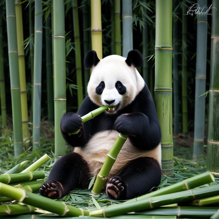 A giant panda sitting on bamboo stem eating bamboo. Pandas are native to Asia.の素材