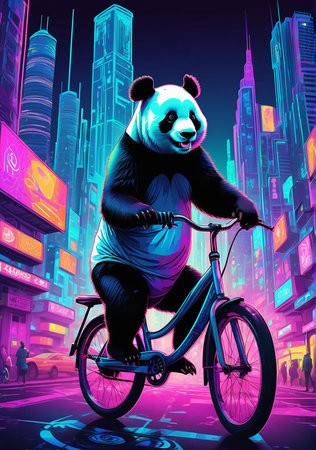 Panda rides a bicycle in the night city. Vector illustration.の素材