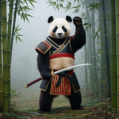 3d illustration of a giant panda warrior in a bamboo forestの素材