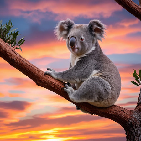 Cute koala sitting on eucalyptus tree at sunsetの素材