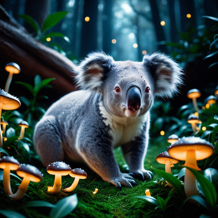 Koala bear in the forest with mushrooms. Australian native animal.の素材
