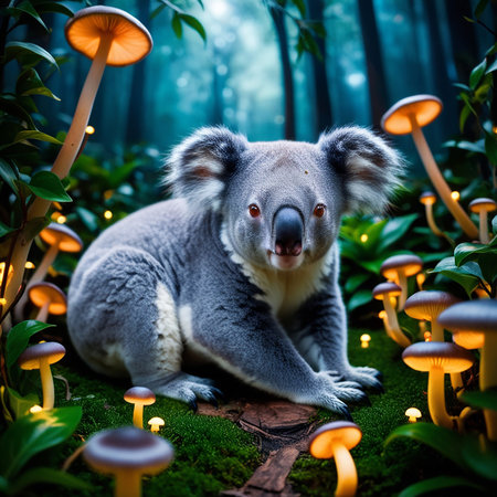 Koala in the forest with mushrooms. Animal in the forest.の素材
