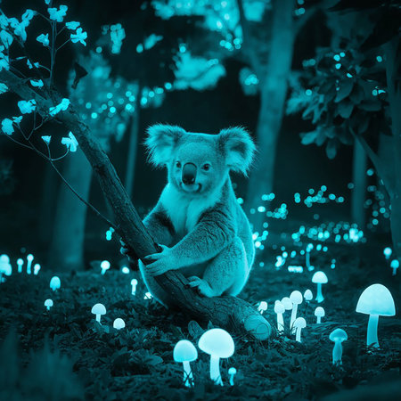 Koala bear sitting on a tree branch in the night forest.の素材