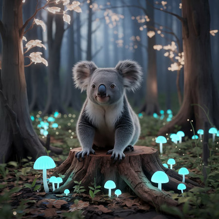Koala sitting on a stump in the forest, 3d illustrationの素材