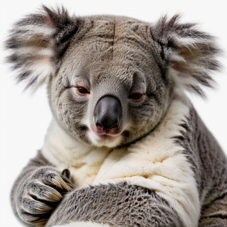 Close up of a cute koala bear on a white background.の素材