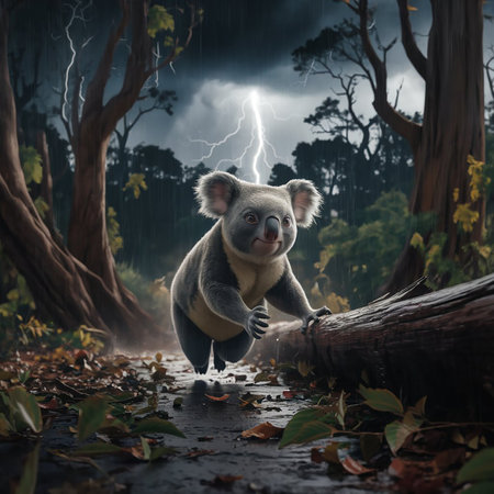 Cute koala in the rainforest with lightning. Mixed mediaの素材