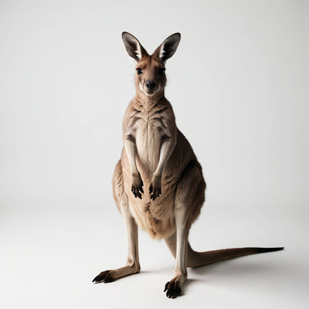 Kangaroo sitting on a white background and looking at the cameraの素材