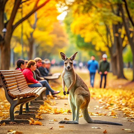 Kangaroo sitting on a bench in a park in autumn.の素材