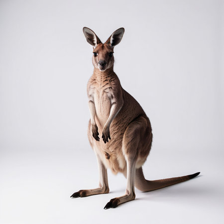 Kangaroo sitting on the floor and looking at camera on white backgroundの素材
