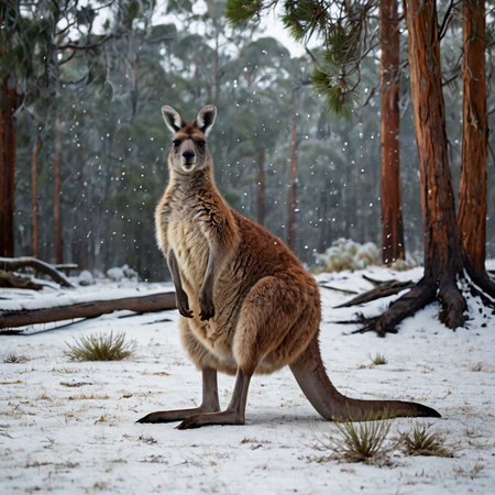 Kangaroos in the snow. Kangaroo in the winter forest.の素材