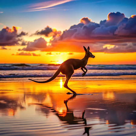 Kangaroo at sunset on the beach with reflection in the waterの素材
