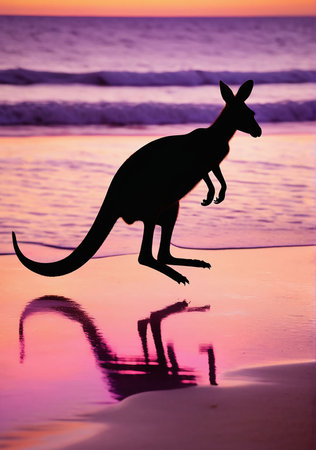 Kangaroo silhouette at sunset on the beach with reflection in waterの素材