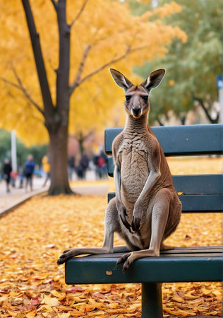 Kangaroo sitting on a bench in the park in autumn.の素材