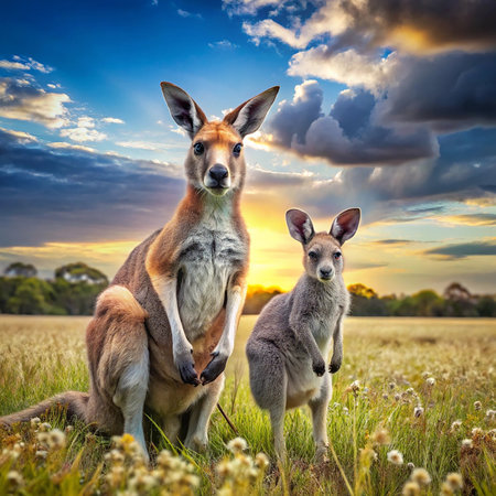 Kangaroos with baby kangaroo at sunset, Australiaの素材