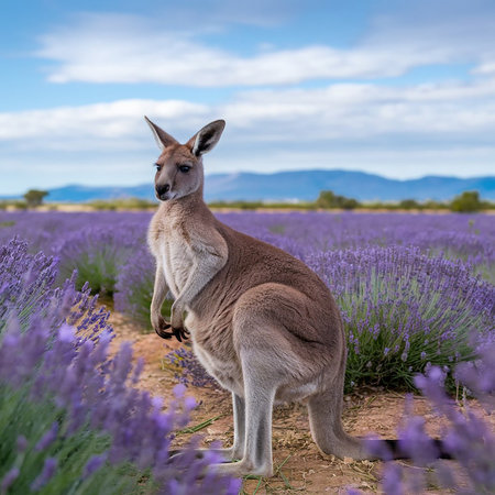 Kangaroos in the lavender field in South Australia.の素材