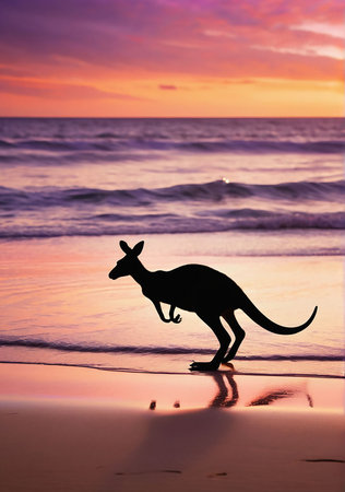 Kangaroo silhouette on the beach at sunset. Australian kangarooの素材