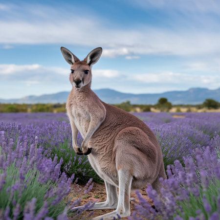 Kangaroo on lavender field in Provence, Franceの素材