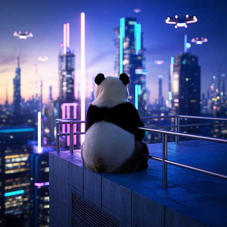 Panda sitting on the roof of a skyscraper and looking at the night cityの素材