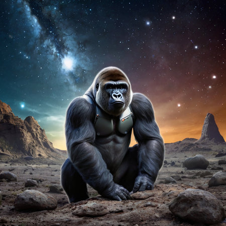 Gorilla sitting on a rock in a starry space.の素材