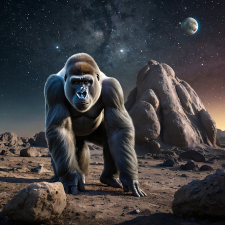 Gorilla in the desert against the starry sky. 3d renderの素材