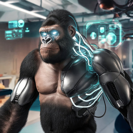 3D Illustration of a strong gorilla in a futuristic space suitの素材