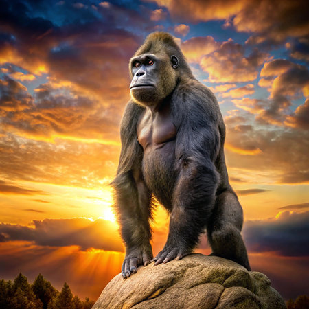 Gorilla sitting on a rock against the sunset sky and sunの素材