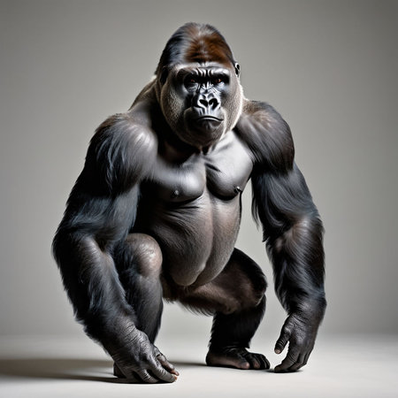 Studio portrait of a strong male gorilla. Studio shot over grey background.の素材