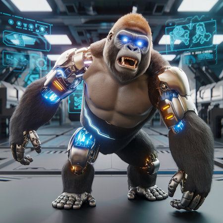 3D rendering of a powerful male gorilla in a futuristic space stationの素材