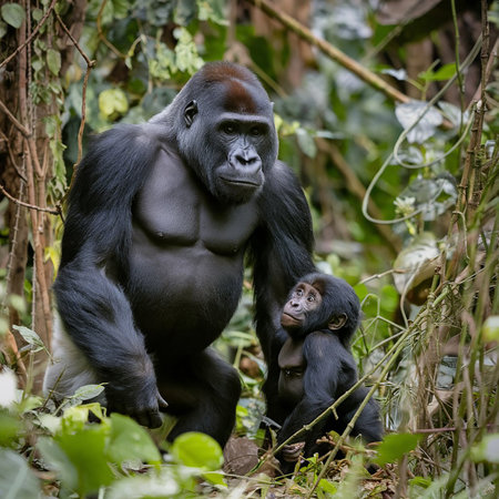 Gorilla mother with her baby in the rainforest, Ugandaの素材