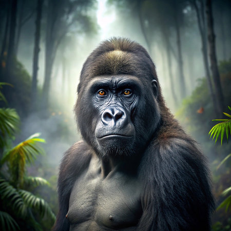 Portrait of a strong male gorilla in a tropical rainforest.の素材
