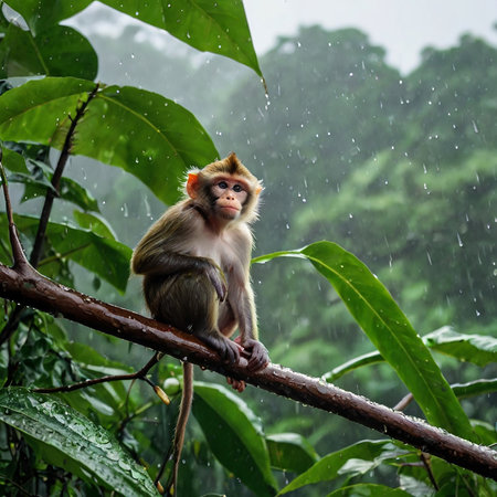 Monkey sitting on a branch in the rain with rain drops.の素材