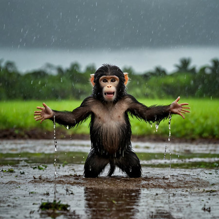 Chimpanzee in the rain. Wildlife scene from nature.の素材