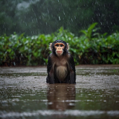 Chimpanzee in the rain, natural habitat, Thailand.の素材