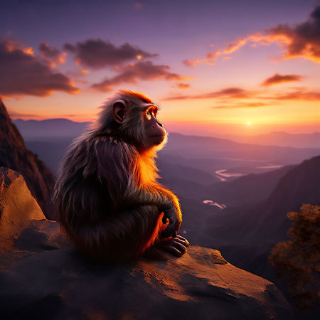 Monkey sitting on a rock looking at the sunset in the mountainsの素材