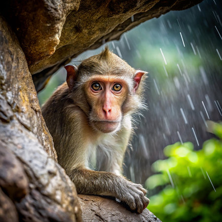 Monkey in the rain. Macaca fascicularis. Thailand.の素材