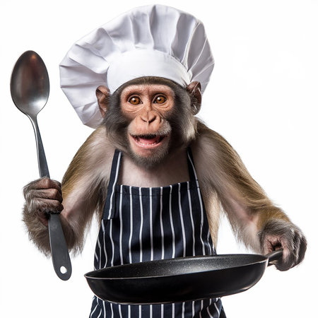 Monkey chef with pan and ladle isolated on a white backgroundの素材