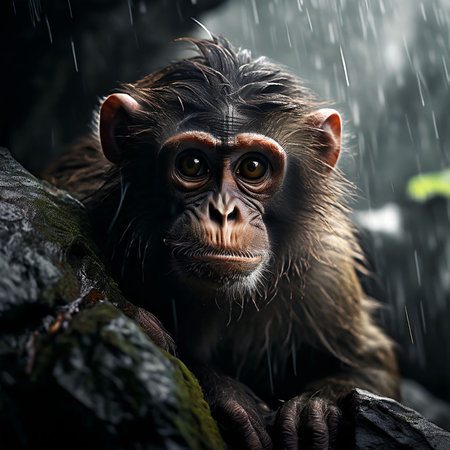Chimpanzee monkey in rain. Portrait of chimpanzeeの素材