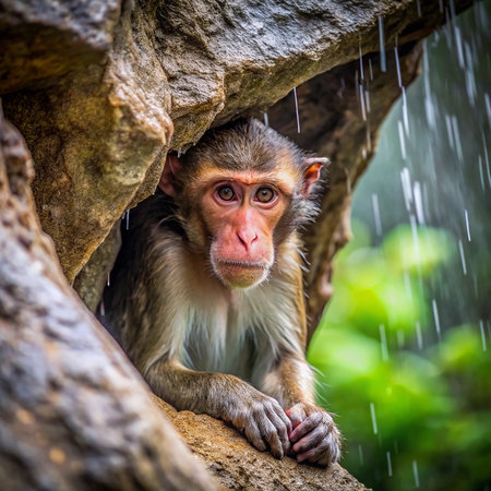 Monkey in the rain, Thailand. (Macaca fascicularis)の素材