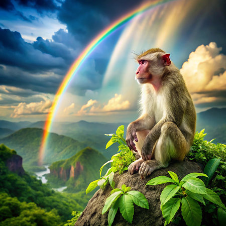 Monkey sitting on a rock with rainbow and rainbows in the backgroundの素材