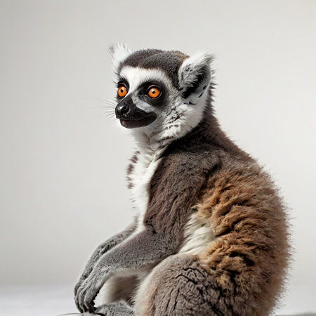 Ring-tailed lemur (Lemur catta) sitting on white backgroundの素材